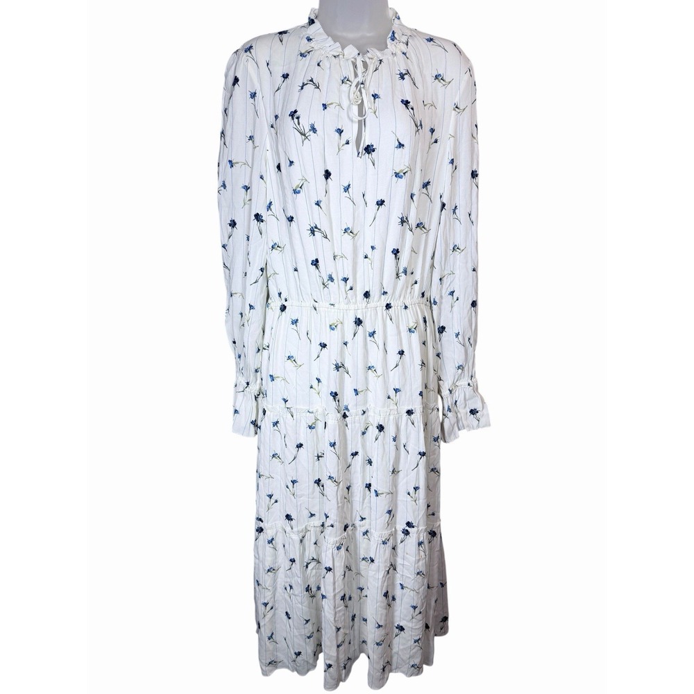 Joie Waneta Floral Midi Dress Ivory Blue‎ Cottagecore Ruffle Garden Romantic L
